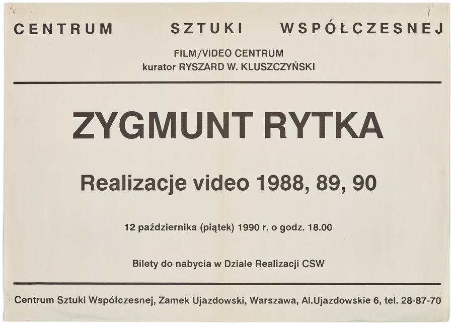 Plakat informujący o wydarzeniu &bdquo;Realizacje wideo 1988, 1989, 1990&rdquo; Zygmunta Rytki