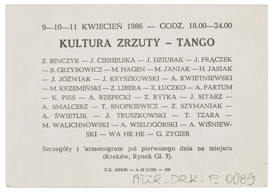 Zaproszenie na imprezę pt. &bdquo;Pozdrawiamy urzędnik&oacute;w sztuki&rdquo; (rewers)