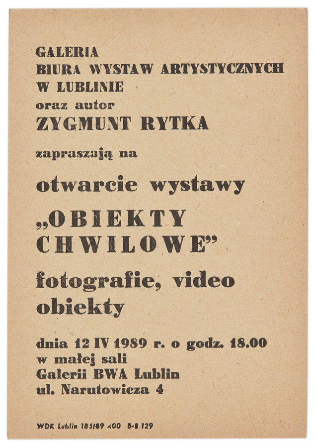 Zaproszenie na otwarcie wystawy fotograficznej Zygmunta Rytki pt. &bdquo;Obiekty chwilowe&rdquo;