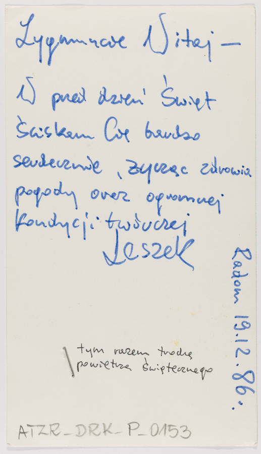 Karta pocztowa autorstwa Leszka Golca z życzeniami świątecznymi (rewers)