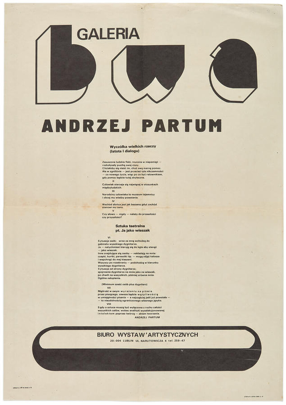 Plakat do wydarzenia Andrzeja Partuma &bdquo;Wycz&oacute;łka wielkich rzeczy (Istota I dialogu)&rdquo; oraz &bdquo;Sztuka teatralna pt. &bdquo;Ja jako wieszak&rdquo;&rdquo;