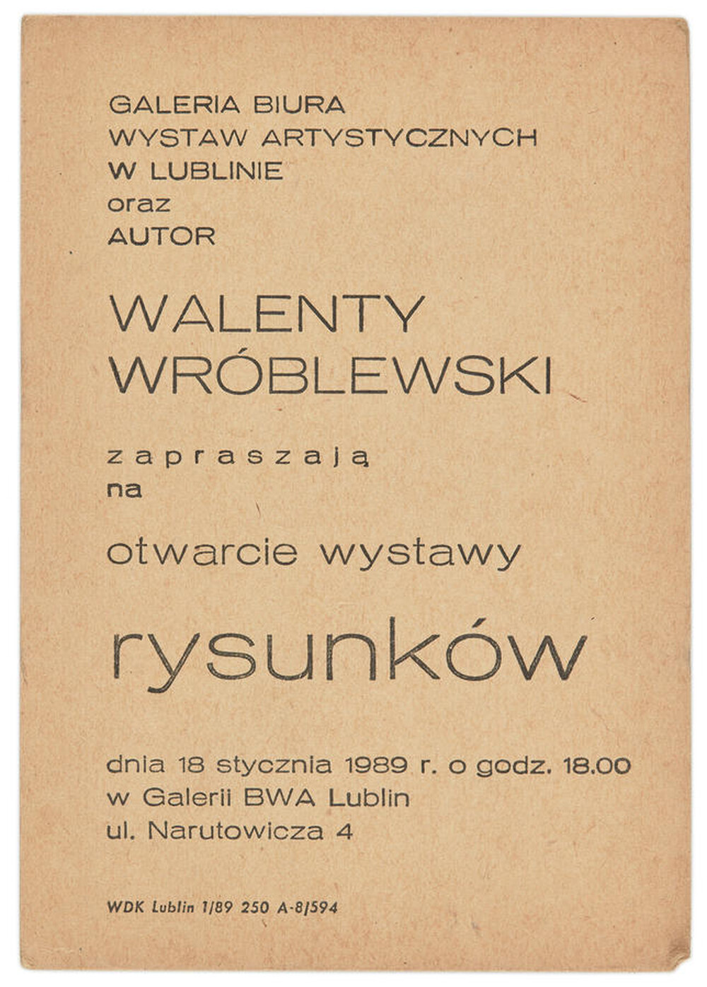 Invitation to an exhibition of drawings by Walenty Wr&oacute;blewski