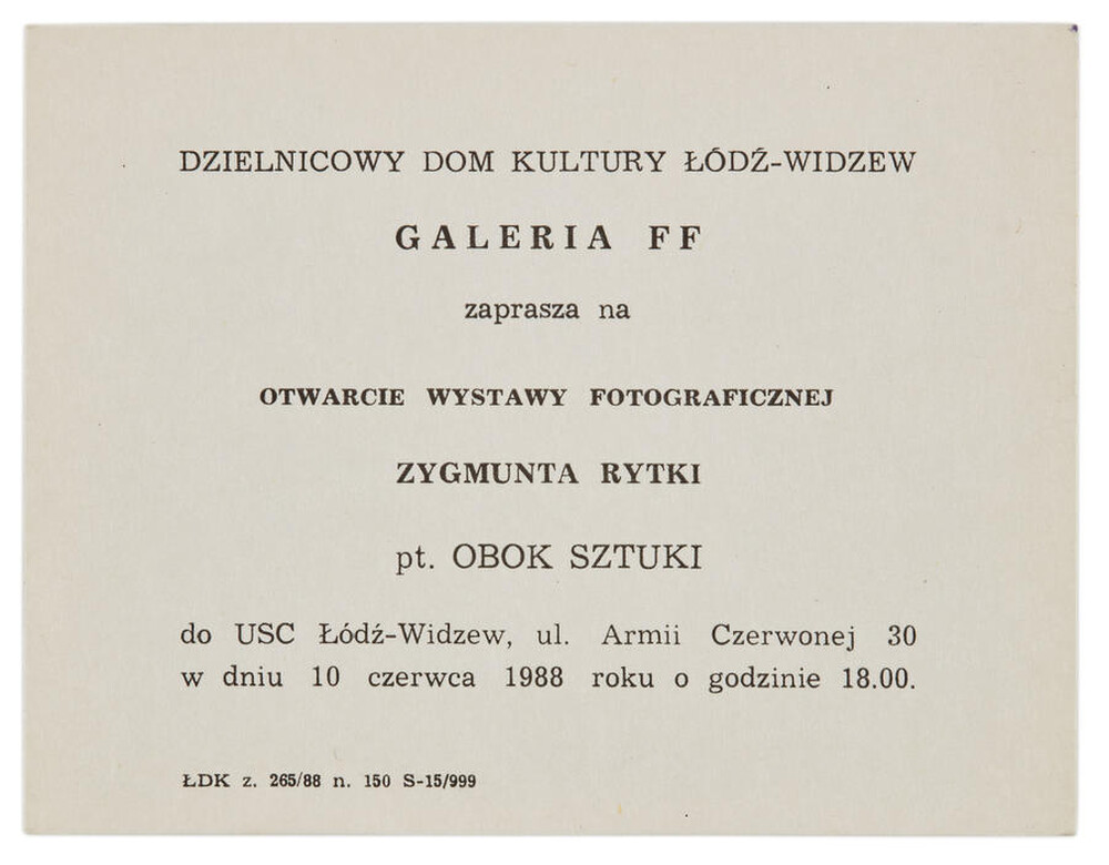 Invitation to the opening of Zygmunt Rytka's photographic exhibition "Beside Art