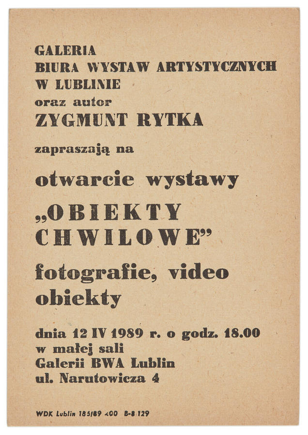 Invitation to the opening of Zygmunt Rytka's photographic exhibition "Momentary Objects