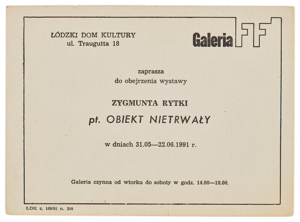 Invitation to Zygmunt Rytka's exhibition "Impermanent Object" 