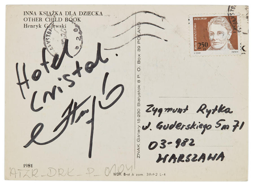 Postcard by Henryk Gajewski titled "A Different Children's Book" addressed to Zygmunt Rytka with the artist's autograph