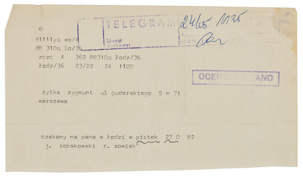 Telegram from J&oacute;zef Robakowski and R. Sowiak to Zygmunt Rytka