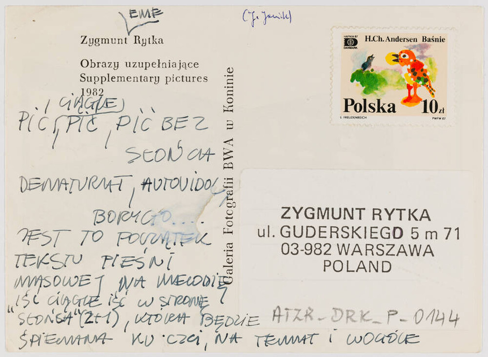 "Complementary Pictures" by Zygmunt Rytka postcard (reverse)