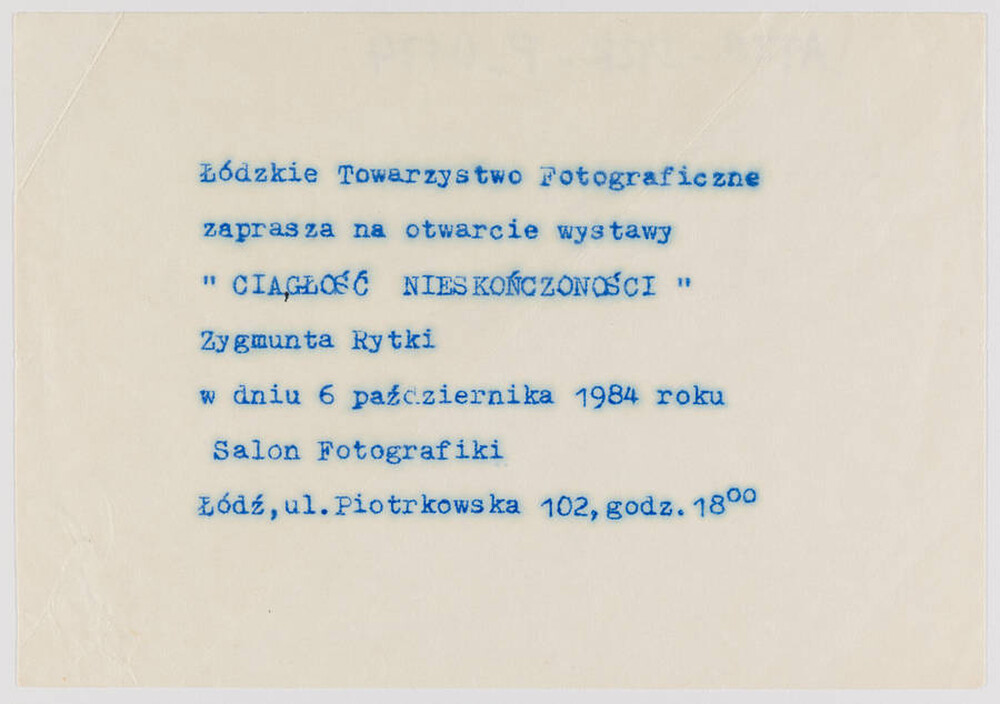 Invitation to the opening of Zygmunt Rytka's photographic exhibition "Continual Infinity