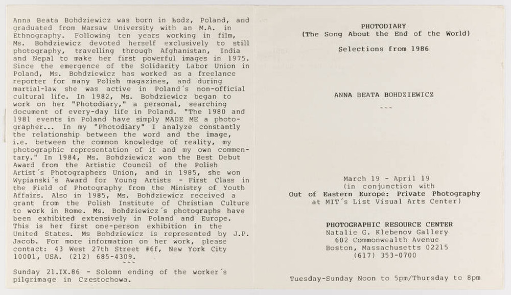 Invitation to the exhibition of photographs by Anna Beata Bohdziewicz  "Photodiary (The Song About the End of the World)" in Boston