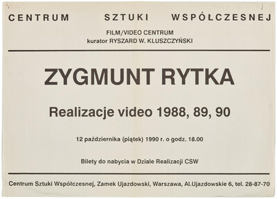 Poster advertising Zygmunt Rytka's event "Video Productions 1988, 1989, 1990"