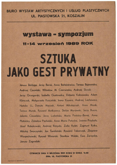 Poster for the "Art as a Private Gesture" exhibition-symposium