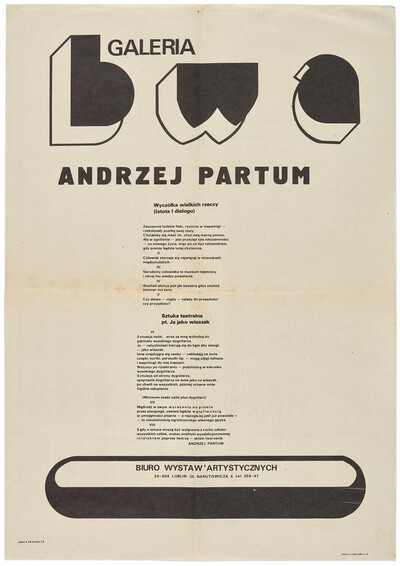 Plakat do wydarzenia Andrzeja Partuma &bdquo;Wycz&oacute;łka wielkich rzeczy (Istota I dialogu)&rdquo; oraz &bdquo;Sztuka teatralna pt. &bdquo;Ja jako wieszak&rdquo;&rdquo;