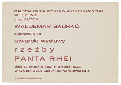 Invitation to Panta Rhei, an exhibition of sculptures by Jan Stanisław Wojciechowski
