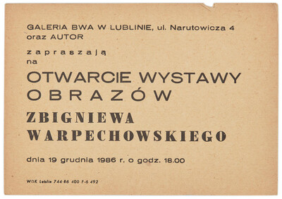 Invitation to an exhibition of paintings by Zbigniew Warpechowski