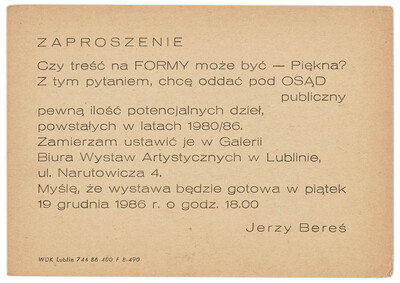 Invitation to Jerzy Bereś's exhibition "Can Content for FORMS Be Beautiful?