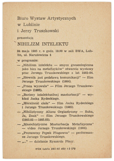 Invitation to Jerzy Truszkowski's exhibition "Nihilism of the Intellect