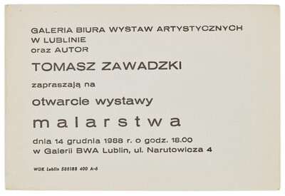 Invitation to the opening of an exhibition of paintings by Tomasz Zawadzki