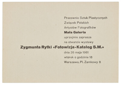 Invitation to Zygmunt Rytka's exhibition "Photovision - s.m. Catalogue