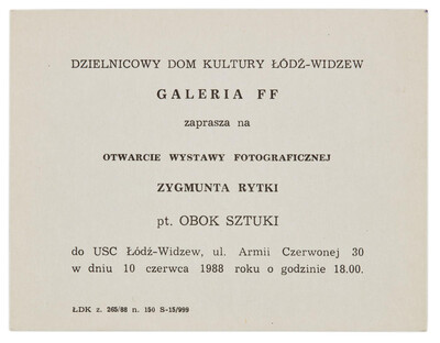 Invitation to the opening of Zygmunt Rytka's photographic exhibition "Beside Art