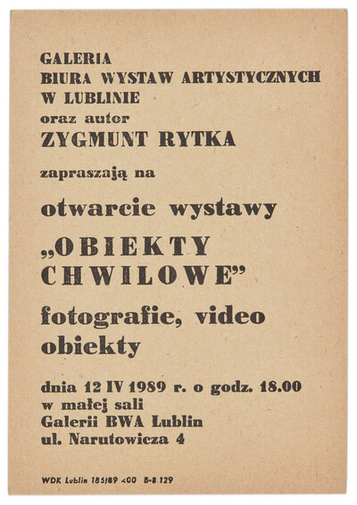 Invitation to the opening of Zygmunt Rytka's photographic exhibition "Momentary Objects