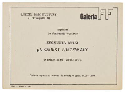 Invitation to Zygmunt Rytka's exhibition "Impermanent Object" 