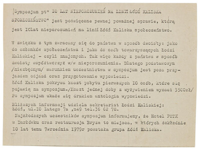 Invitation to the symposium "10 Years of Misunderstandings on the Ł&oacute;dź Kaliska Society Line"