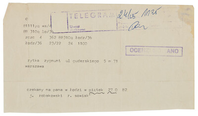 Telegram from J&oacute;zef Robakowski and R. Sowiak to Zygmunt Rytka