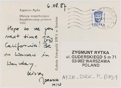 "Complementary Pictures" by Zygmunt Rytka postcard (reverse)