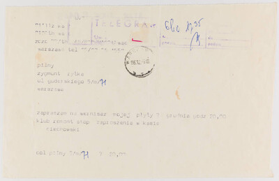 Telegram from Grzegorz Ciechowski inviting Zygmut Rytka to the disc vernissage