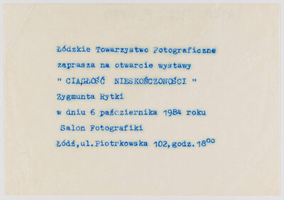 Invitation to the opening of Zygmunt Rytka's photographic exhibition "Continual Infinity